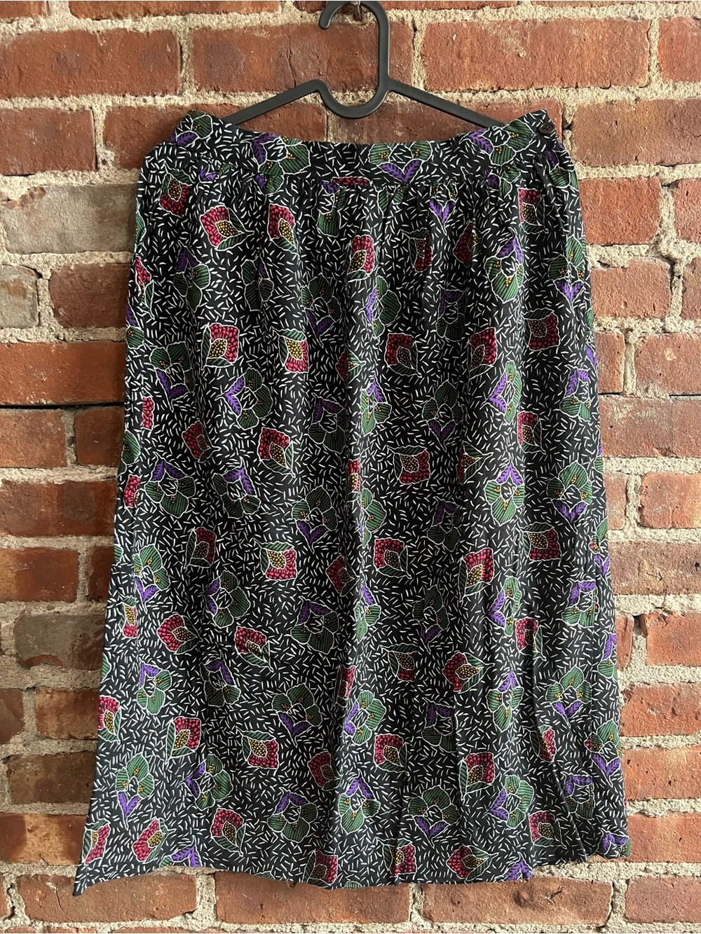 Vintage 90s Black Floral Cotton Midi Skirt Green Purple Pink Accents Sz Small